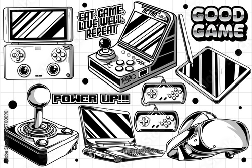 Gaming retro set of objects. Classic retro console gaming illustration in gra...
