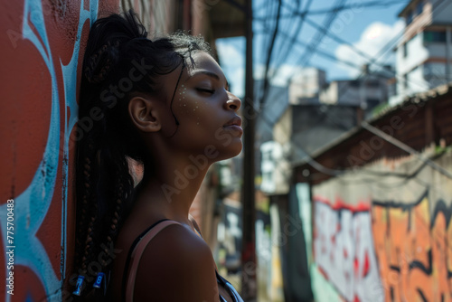 Brazilian woman with dreadlocks is leaning against a wall