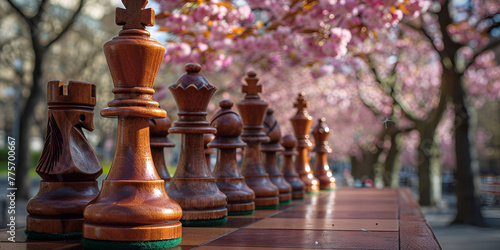 Chess pieces underneath blooming sakura trees in Kungsträdgarden, Stockholm, Sweden. generative ai 