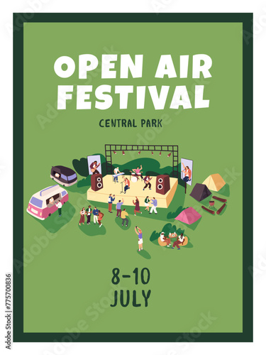 Advertising placard of open air festival. Vertical poster of performance in amusement park. Musicians play music on stage, people dance on concert. Summer event outdoor. Flat vector illustration