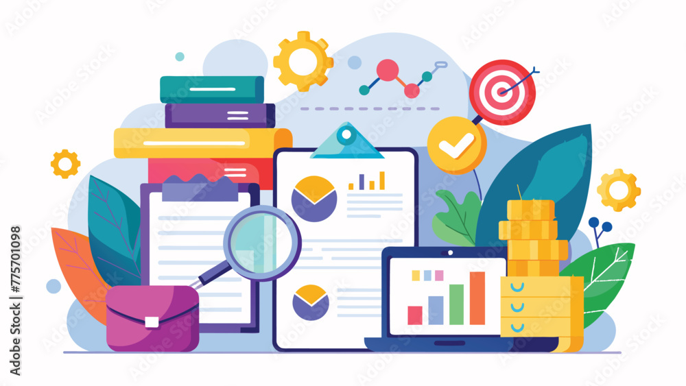 Organized workspace with analytics, Marketing strategy vector cartoon illustration. Organized workspace with analytics, Marketing strategy vector cartoon illustration.