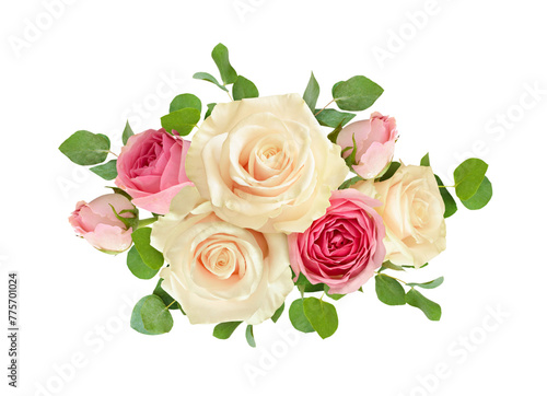 Pink and white rose flowers with eucalyptus leaves in floral arrangement isolated on white or transparent background