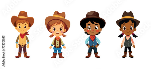 Diverse children in cowboy and cowgirl costume, vector cartoon illustration.