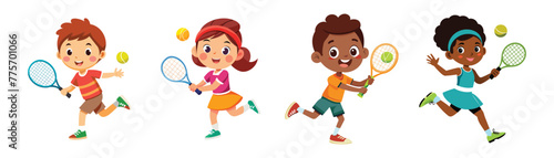 Cheerful kids engaging in tennis, vibrant vector cartoon illustration. Young players with rackets and balls, playful sports-themed artwork.
