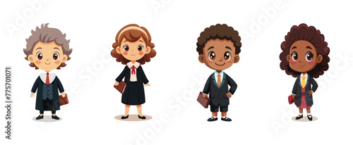 Kids role-playing as judges and lawyers, courtroom vector cartoon illustration. Aspiring young legal minds, children in gowns hold law books.