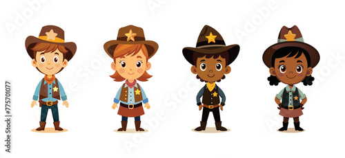 Smiling kids role-playing as sheriffs with star badges, vector cartoon illustration.