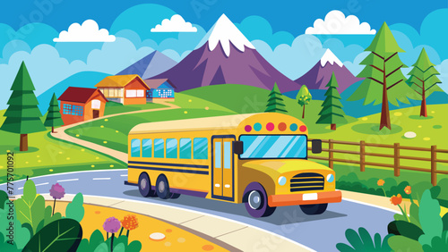 Colorful school bus on city street, Educational transport vector cartoon illustration.