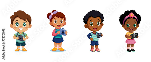 Photographers children with cameras ready for a shot vector cartoon illustration. Young kids explore photography.