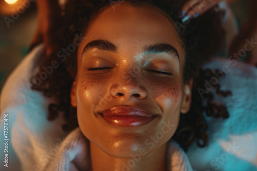 A close-up portrait of an attractive woman receiving a facial massage at a spa salon, smiling and relaxing with closed eyes, wearing a white robe. The focus is on her face showing tranquility and rela