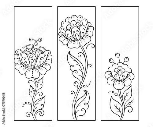 Printable bookmark for book - coloring. Set of black and white labels with flower patterns, hand draw in mehndi style. Sketch of ornaments for creativity of children and adults with colored pencils.