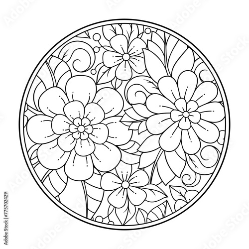 Outline round flower pattern in mehndi style for coloring book page. Antistress for adults and children. Doodle ornament in black and white. Hand draw vector illustration.