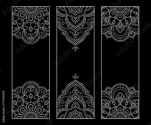 Printable bookmark for book - coloring. Set of black and white labels with flower patterns, hand draw in mehndi style. Sketch of ornaments for creativity of children and adults with colored pencils.