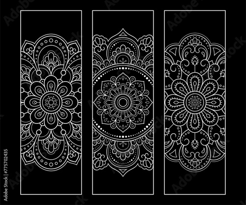 Printable bookmark for book - coloring. Set of black and white labels with flower patterns, hand draw in mehndi style. Sketch of ornaments for creativity of children and adults with colored pencils.