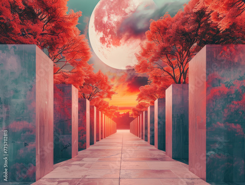 Moonlit night scene of futuristic technology red trees and stone road photo