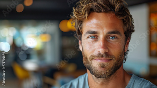 Handsome man with blue eyes, portrait, lifestyle, casual clothing, looking, copy space