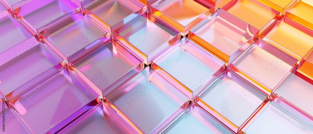 A 3D render of an abstract geometric background and a translucent glass with a color gradient. A 3D render of an abstract geometric background and a translucent glass with a color gradient.