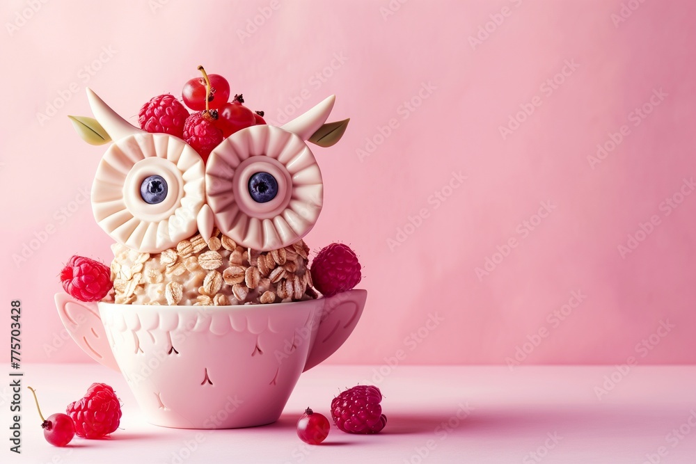 Visualize a delightful children's breakfast, where a bowl of wholesome oatmeal takes on the shape of a charming owl, adorned with fresh berries.