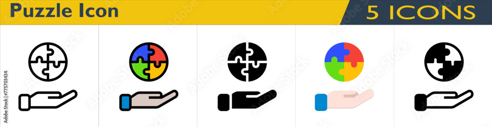 Puzzle icon with 5 styles (outline, color lineal, solid, color and mixed) Puzzle icon with 5 styles (outline, color lineal, solid, color and mixed)