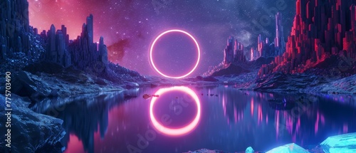 In this 3d rendering, the neon background is illuminated by a rotating laser ring, crystals under the starry night sky, and a reflection in the water. It's a space fantasy landscape with a cosmic