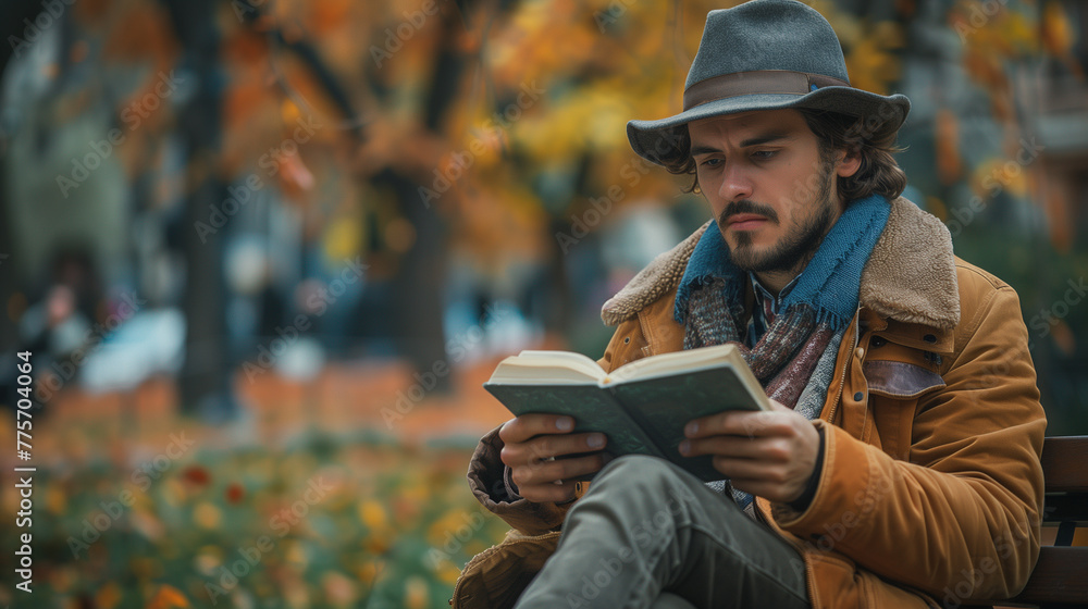 Man reading book in autumn park, young adult, white ethnicity, sitting, beard, relaxation Man reading book in autumn park, young adult, white ethnicity, sitting, beard, relaxation