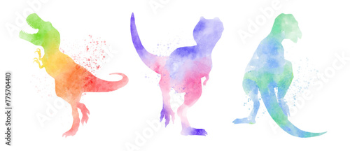 Tyrannosaurus rex dinosaurs . Colorful silhouette watercolor painting style . Set 1 of 5 . Illustration .