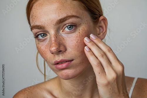 Portrait of woman face with freckles touching skin by hand on white background