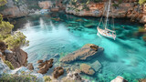 velero sobre aguas de mar  turquesa en una cala del mediterráneo. Paisaje de vacaciones en verano.