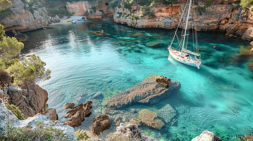 velero sobre aguas de mar  turquesa en una cala del mediterráneo. Paisaje de vacaciones en verano. photo