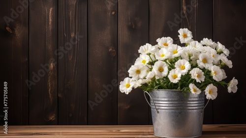 little white bucket with flowers on wooden background