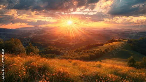 Sunset's golden rays enveloping the tranquil hills in a radiant summer glow © sopiangraphics