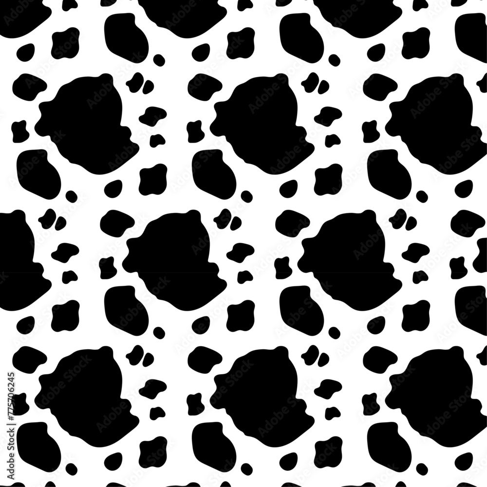 Fototapeta premium Black cow print pattern animal seamless. Cow skin abstract for printing, cutting, and crafts Ideal for mugs, stickers, stencils, web, cover, wall stickers, home decorate and more.