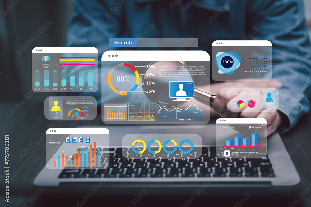 Fototapeta premium Business Analytics and Data Management Systems to make reports with KPI and metrics connected to the database for technology finance
