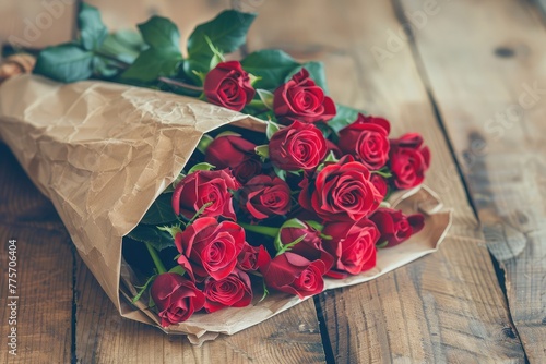 love, date, flowers, valentines day and holidays concept - close up of red roses bunch wrapped into brown paper on wooden table