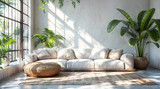 Modern living room mockup with tropical plants, a white sofa and a big window
