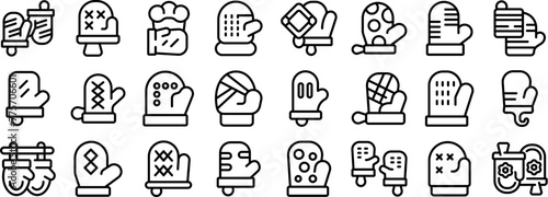 Fireproof kitchen mittens icons set outline vector. Oven glove. Hand burn photo