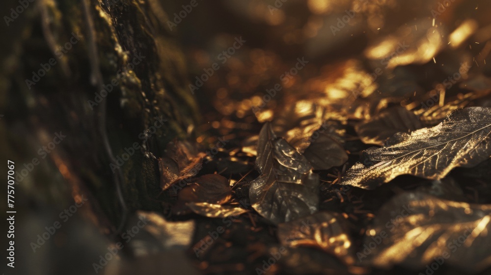 A close-up view of fallen leaves scattered on the ground, showcasing their intricate textures and patterns A close-up view of fallen leaves scattered on the ground, showcasing their intricate textures and patterns