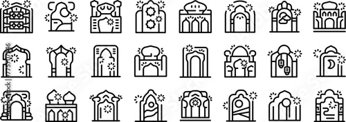 Arch window mosque muslim building icons set outline vector. Arabic shape. Stone palace