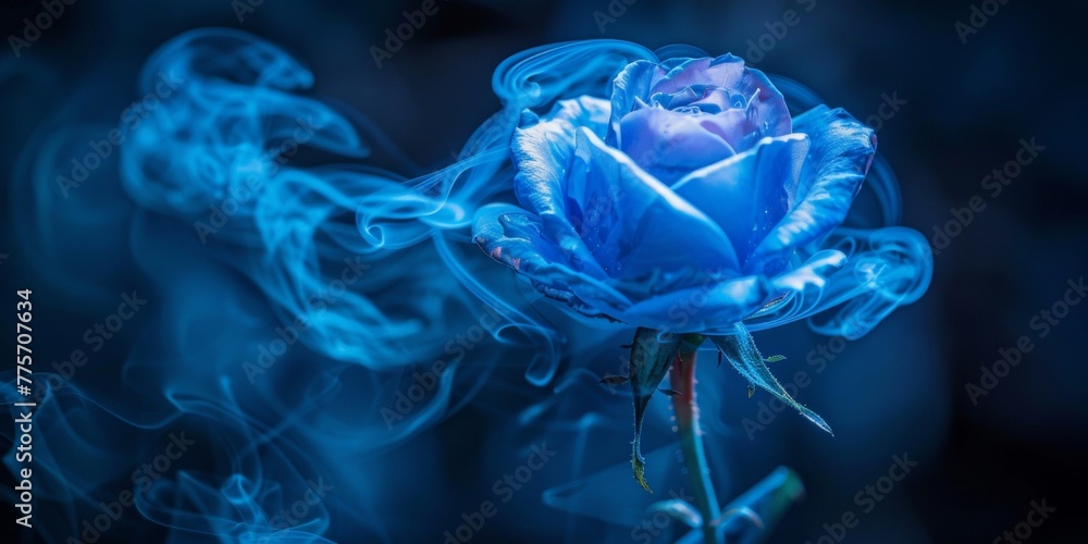 A neon blue rose emits swirling blue smoke - obrazy, fototapety, plakaty 