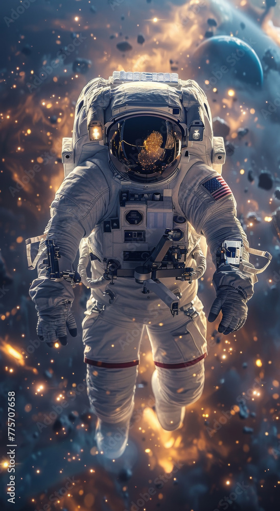 An astronaut floating in space, with planet and the moon visible behind him. White spacesuit against a dark background.