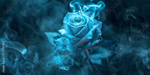 A neon blue rose with smoke swirling around it
