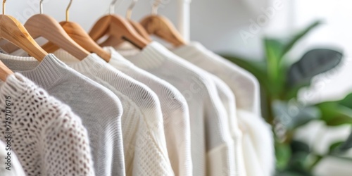 Neatly arranged white sweaters of various neutral tones hanging on a minimalist rack