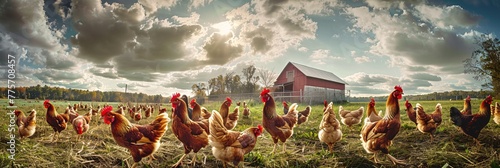A harmonious blend of nature and agriculture, this image celebrates the life of free-range egg-laying chickens in both pastoral fields and a structured commercial coop photo