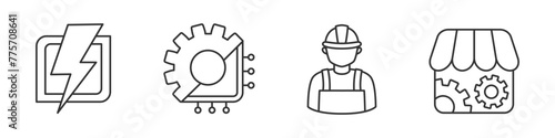 Collection of icon on topic electrical engineering in black and white colors. Set including lightning, chip and gear, handyman, parts store.