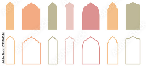 Assortment of Islam traditional window or door designs. Collection of Mosque Muslim frames in both silhouette and outline.