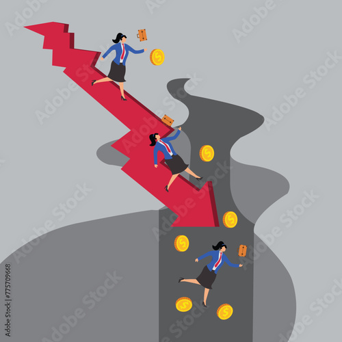 The falling businesswoman follows the falling arrow into the cracked ground abyss, bankruptcy, economic or income reduction recession, economic development or business investment setback
