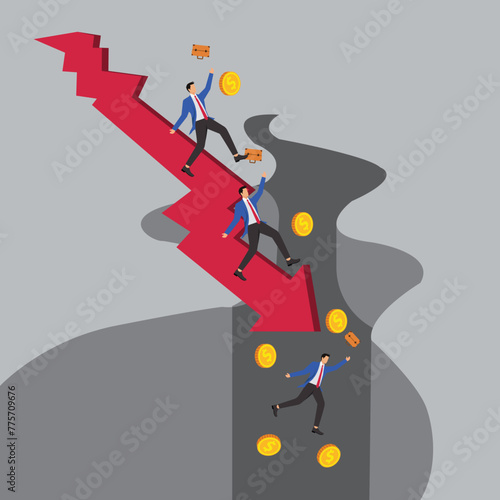 The falling businessman follows the falling arrow into the cracked ground abyss, bankruptcy, economic or income reduction recession, economic development or business investment setback