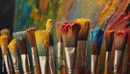  Colorful paint brush splashes on canvas. Row of artist paintbrushes closeup on artistic canvas