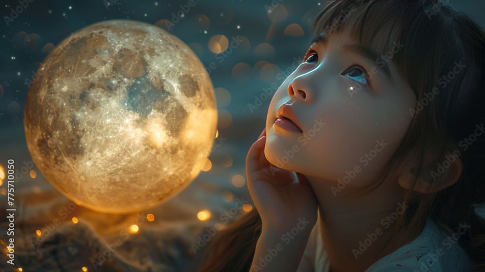 Naklejka premium a small girl and her grandmother whatching the starts, the moon casting a silver glow on their face.generative ai