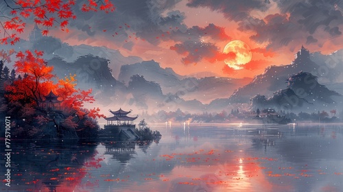 Moonset, Frosty sky, Maple leaves, Fishing fire, Sorrowful sleep © paisorn