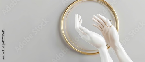 This is a 3d render of white female hands isolated, a luxury fashion background, with helping hands within a circular frame, a golden ring, and mannequin body parts. The images are feminist, photo